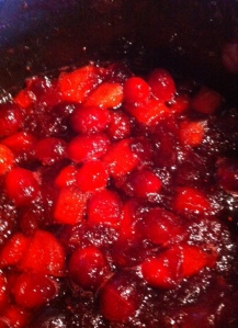 My first try at cranberry sauce. I added Pink Lady apples and used agave in place of sugar.