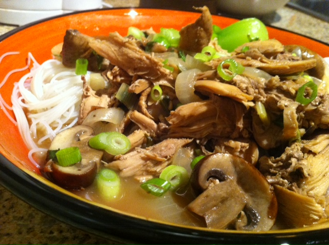 Turkey pho is a great way to use up leftovers. We used baby bok choy and mushrooms in this version.